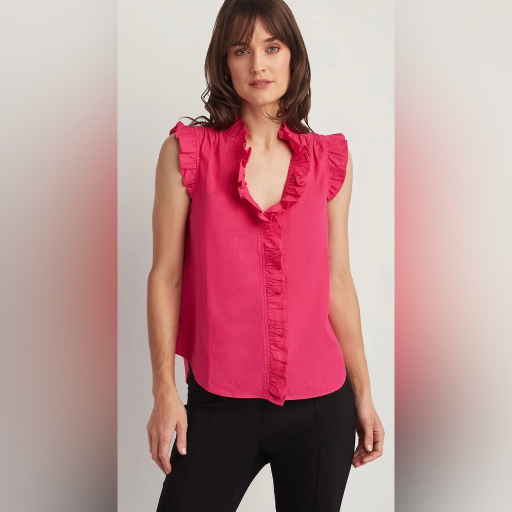 ELLEN TRACY Linen Blend Fuchsia Ruffle Top